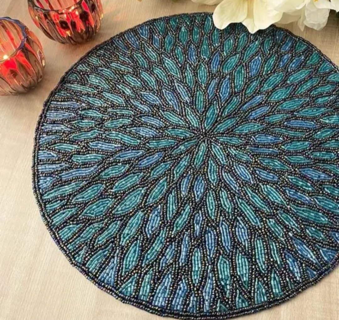 Round Beaded Placemat, Teal and Blue, Handcrafted Floral Burst Design, Decorative Table Mat