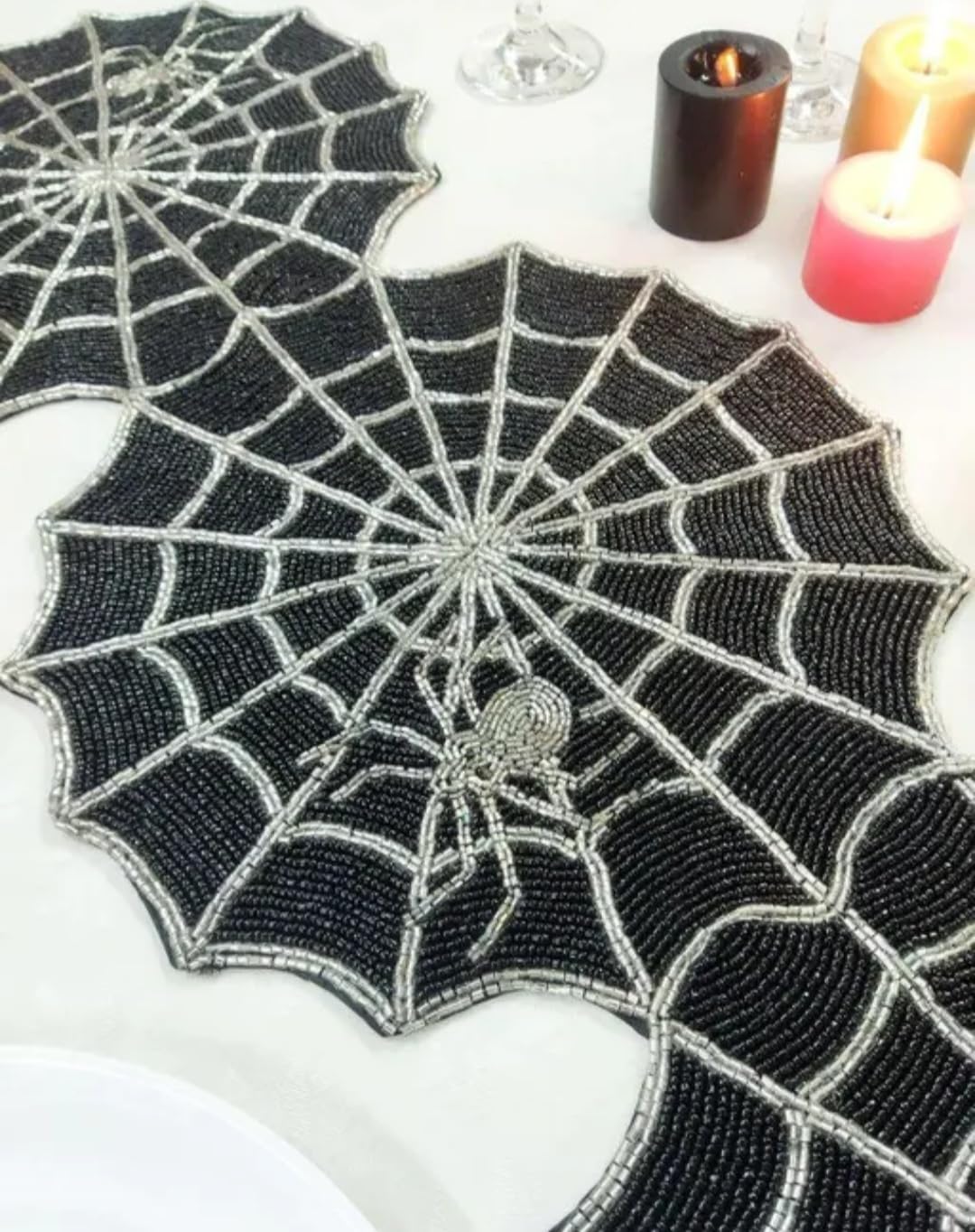 Spider Web Placemats, Black with Silver Web Design, Halloween Table Decor, Round Shape