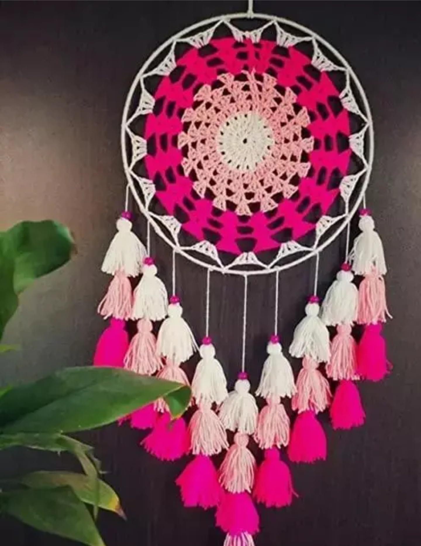 Handmade Dream Catcher with Crochet Design, Pink and White Tassels, Large Boho Wall Decor