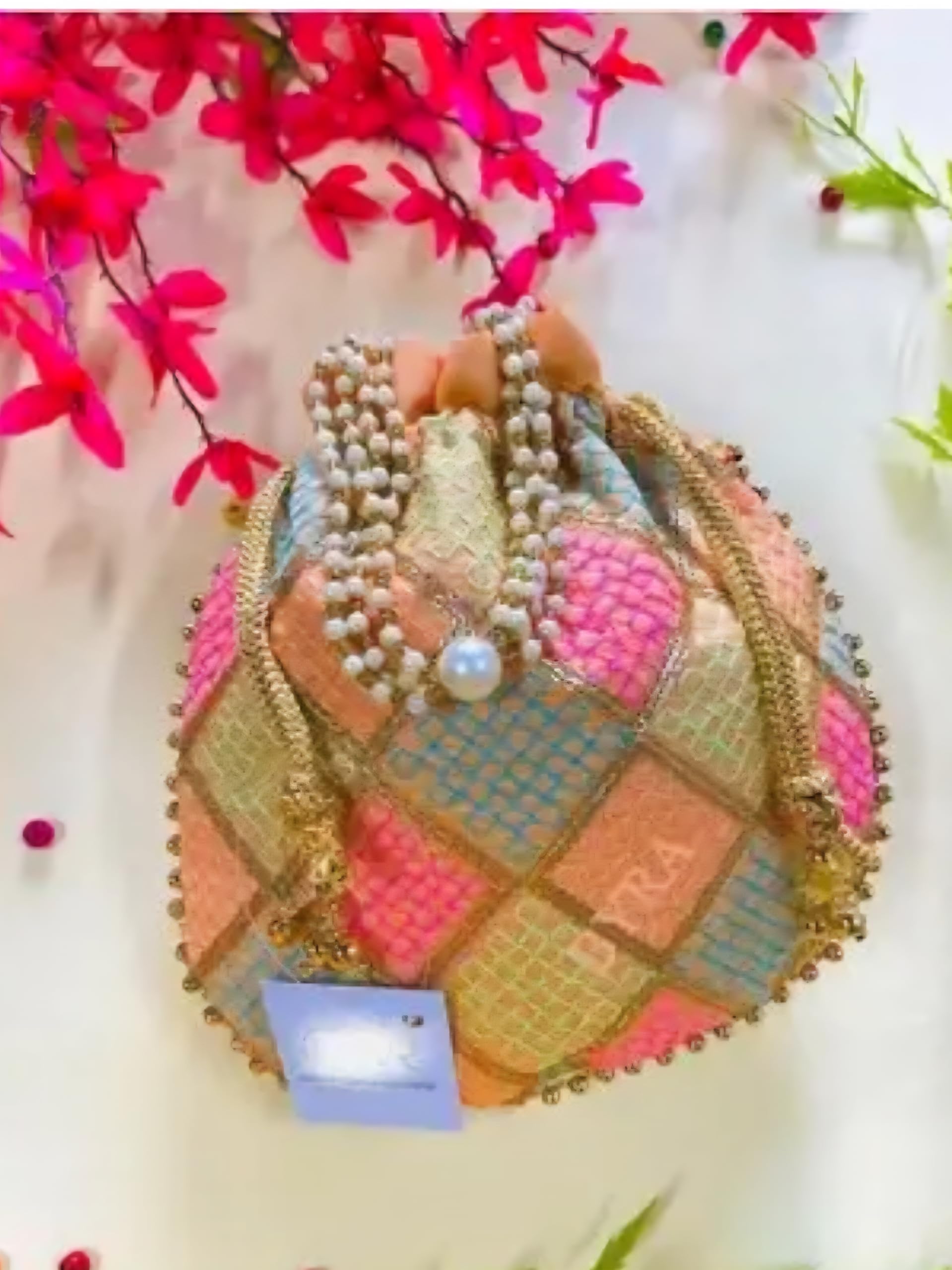 Decorative Potli Handbag, Pearl-Embellished Patchwork Design, Pink Blue Gold Multi-Colour, eco-friendly handcrafted Handbag