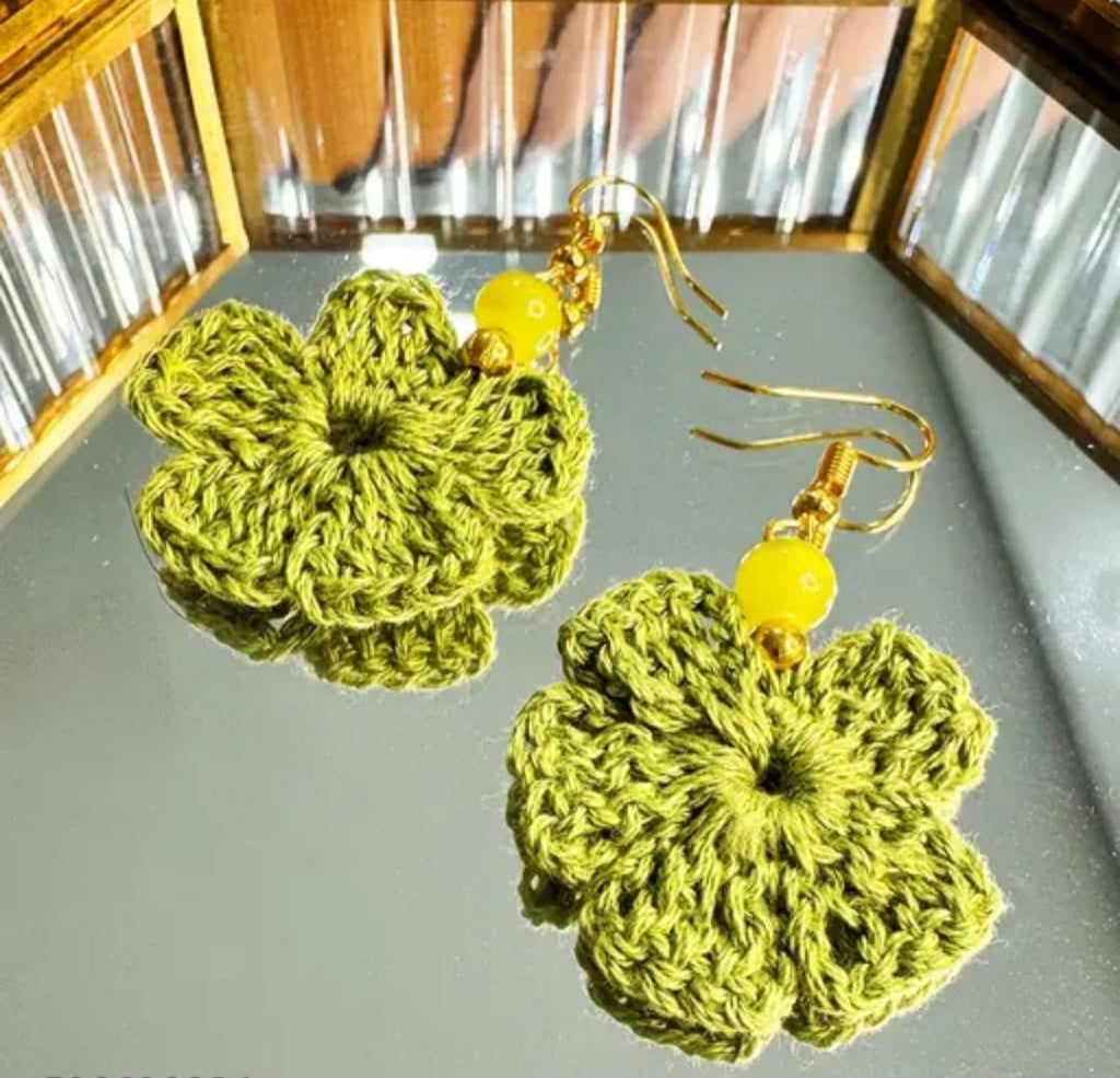 Handmade Crochet Flower Earrings, Green, Dangle Drop Style, Beaded Accent, Hook Closure