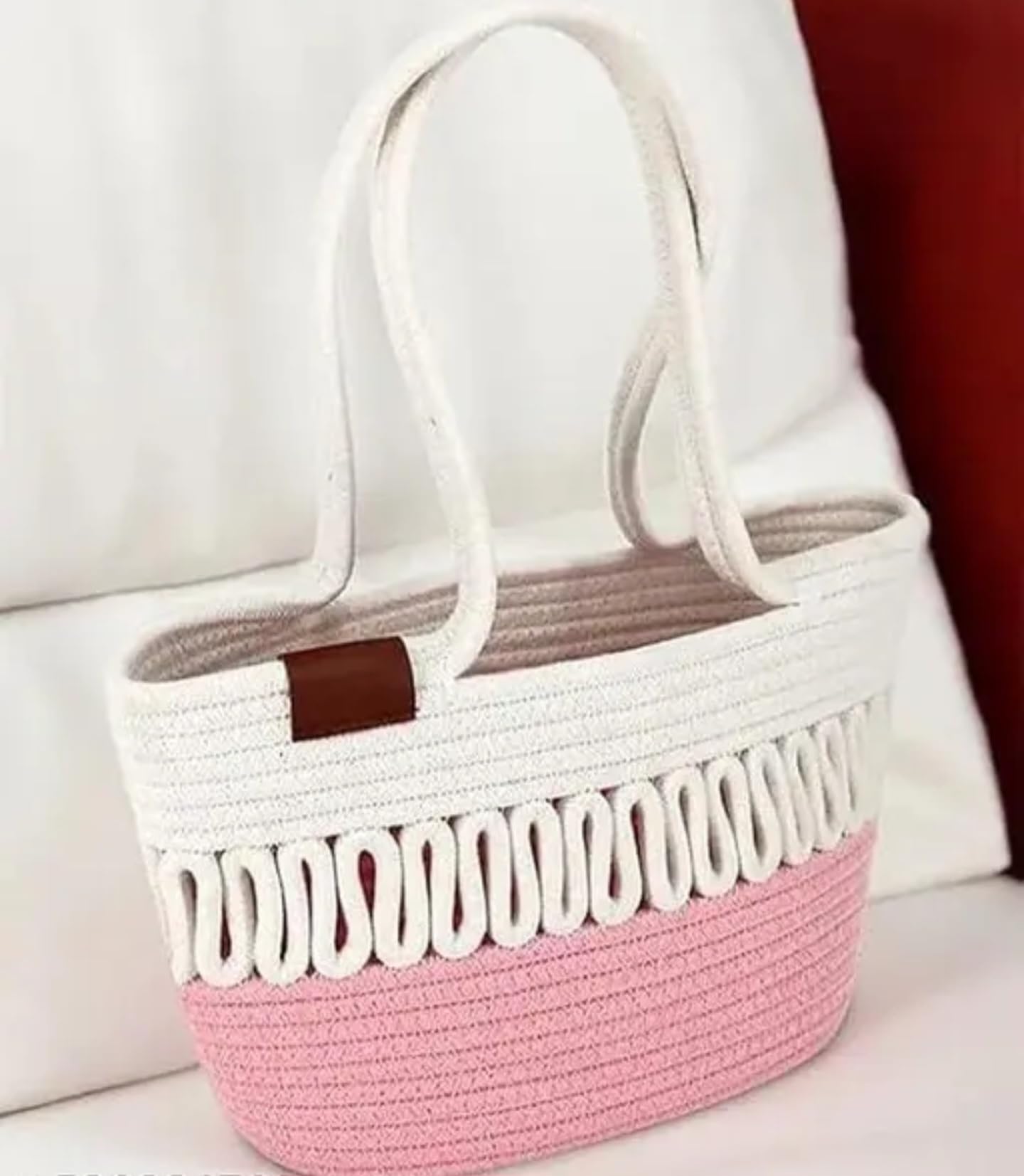 Cotton Rope Storage Basket, Decorative Woven Tote Bag with Handles, White and Pink, Loop Pattern Design