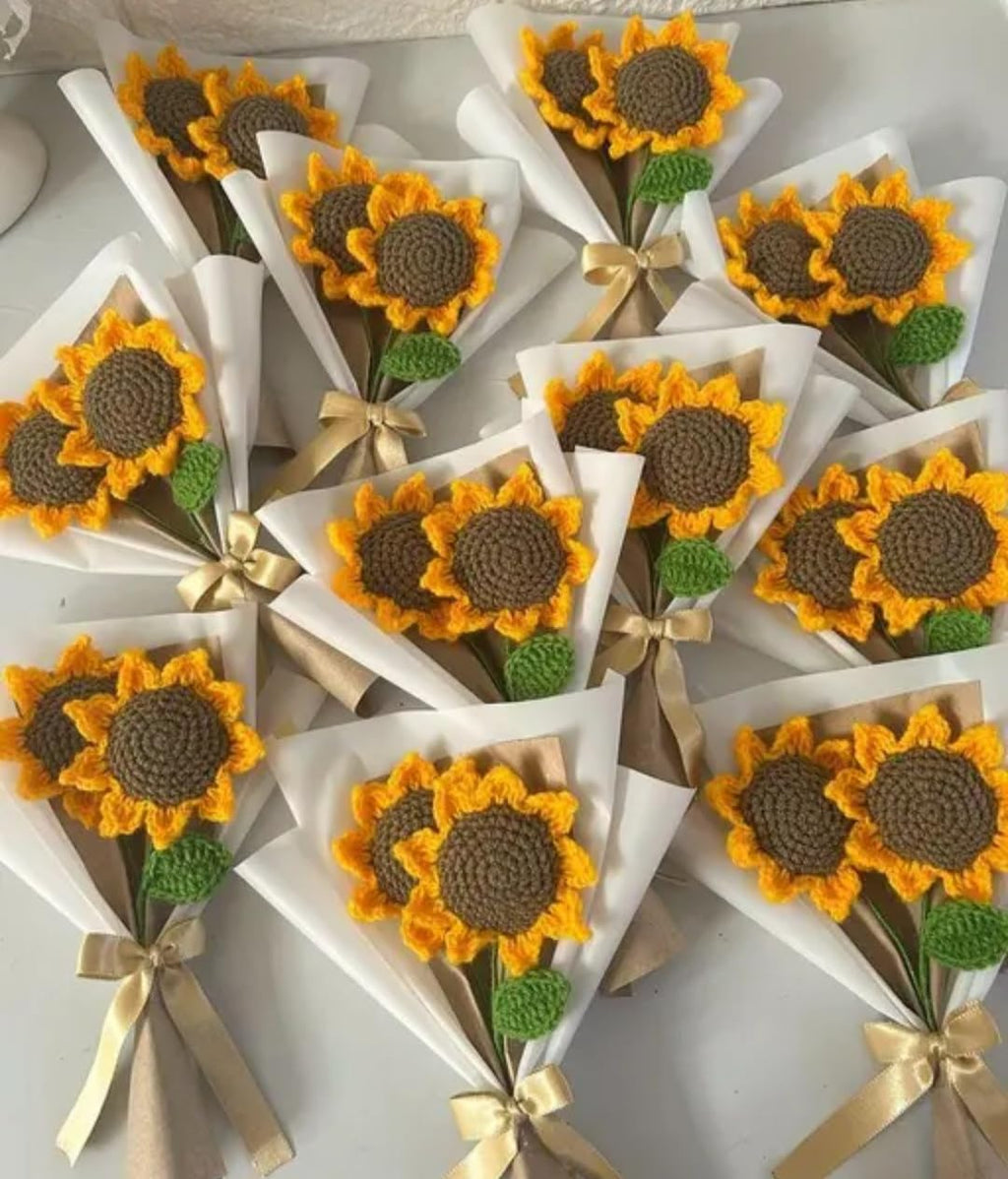 Crochet Sunflower Bouquet, Handmade Knit Flowers with Green Leaves, Yellow and Brown, Gift Wrapped with Ribbon