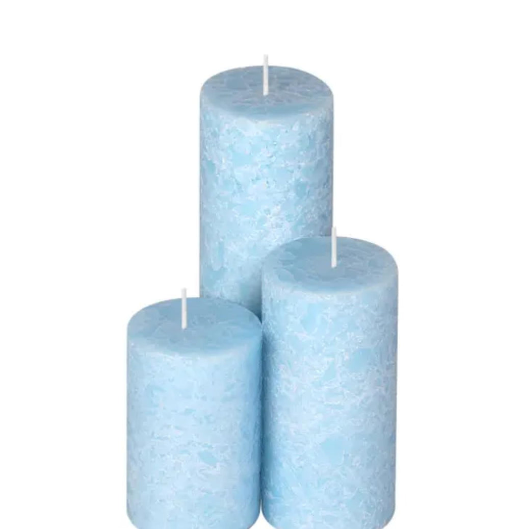 Decorative Pillar Candles Set of 3, Light Blue, Mottled Texture, Various Sizes