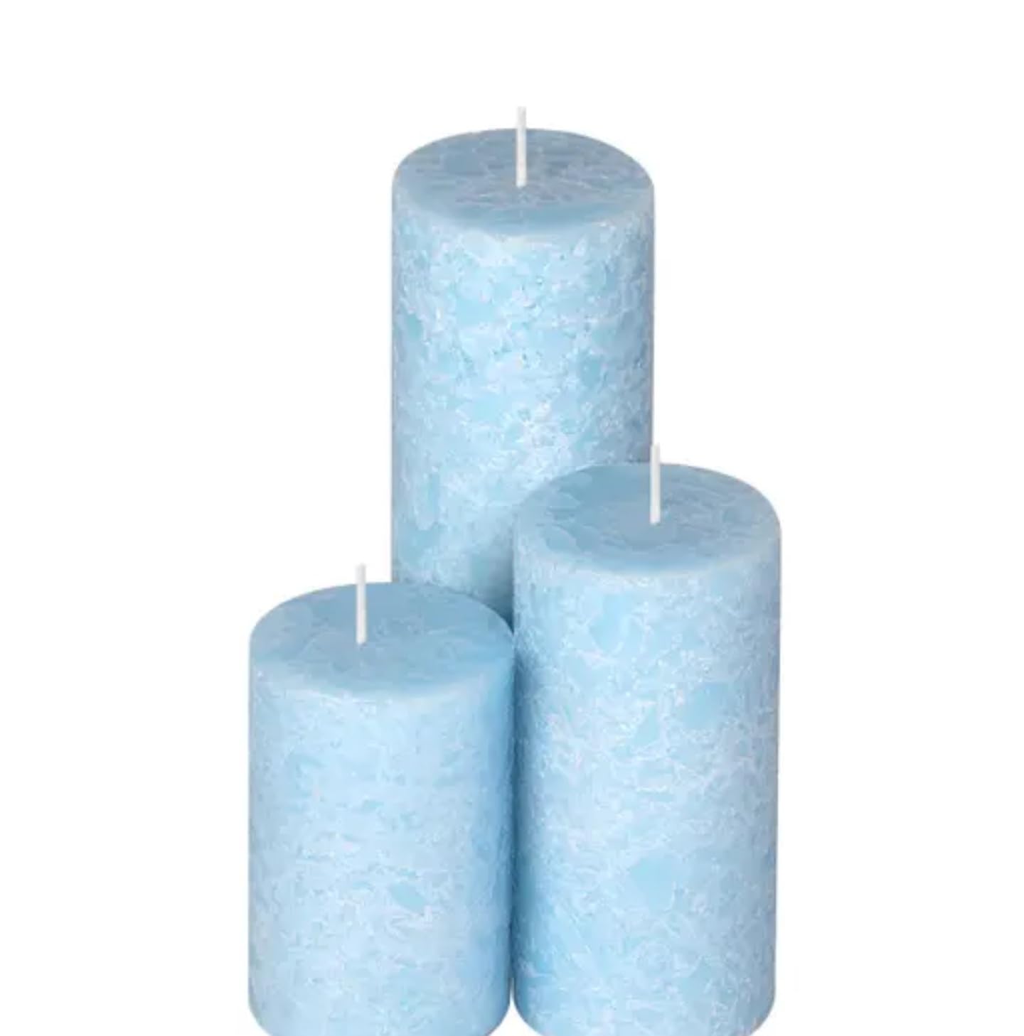 Decorative Pillar Candles Set of 3, Light Blue, Mottled Texture, Various Sizes