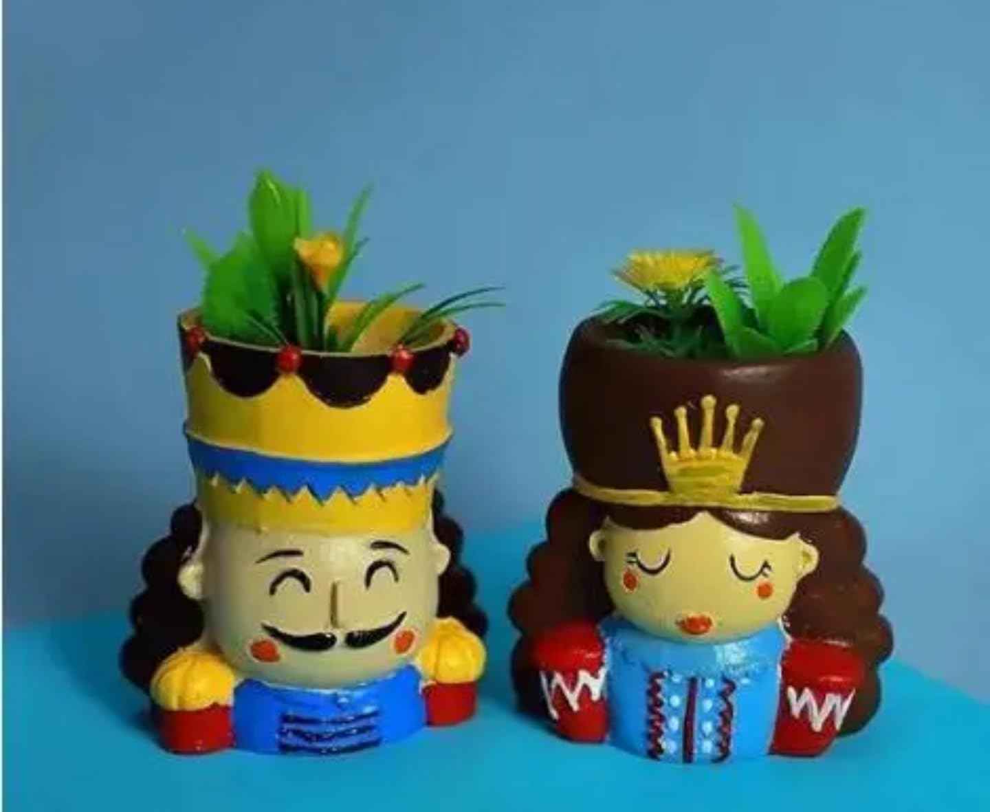 Decorative Royal Couple Planter Set, Handcrafted Ceramic Flower Pots, Blue Yellow Crown Design, Indoor Garden Decor, 2 Pack
