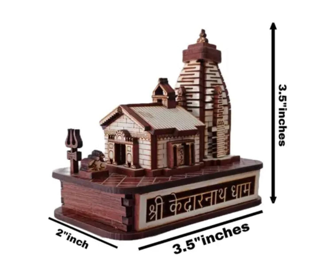 Handcrafted Wooden Temple Model, Traditional Kedarnath Dham Design, Decorative Religious Architecture Display, Brown and White