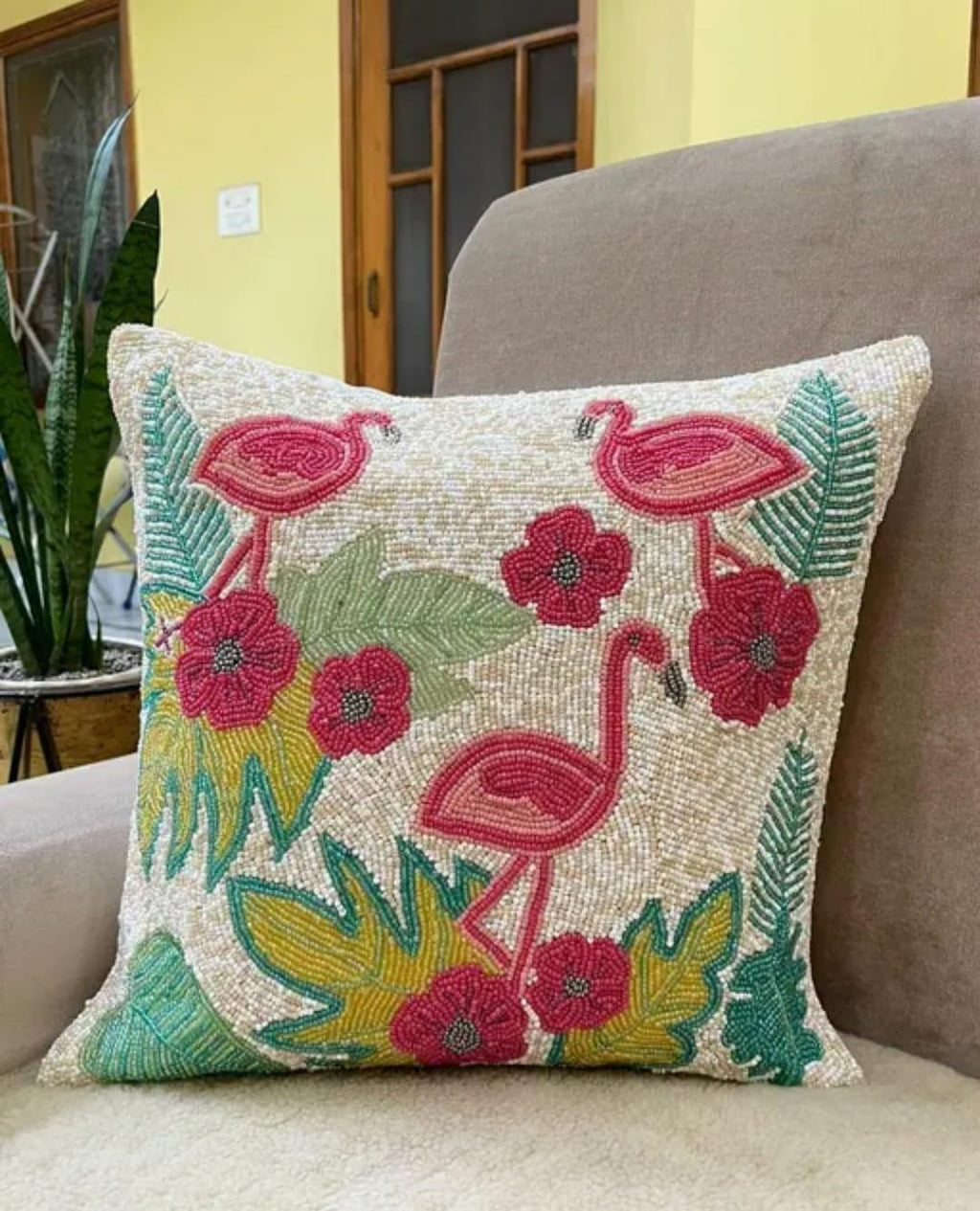 Beaded Decorative Throw Pillow Cover, Flamingo and Tropical Flowers Design, Pink and Green, Square Cushion Cover