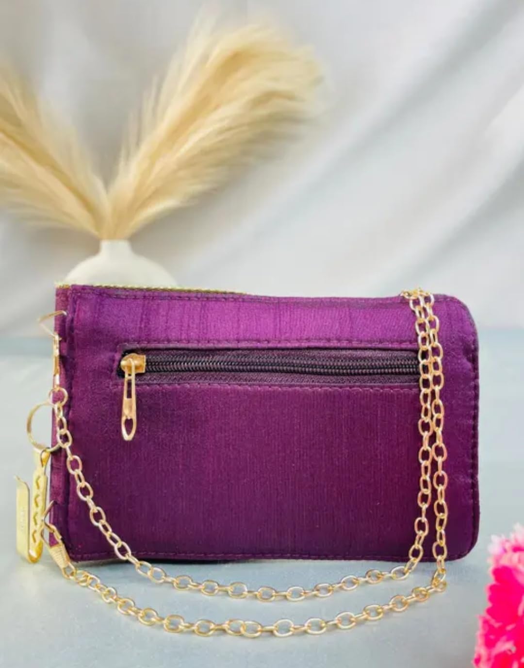 Embroidered Mobile Pouch Bag, Purple, Elephant Sequin Beadwork, Ethnic Crossbody Clutch with Chain Strap