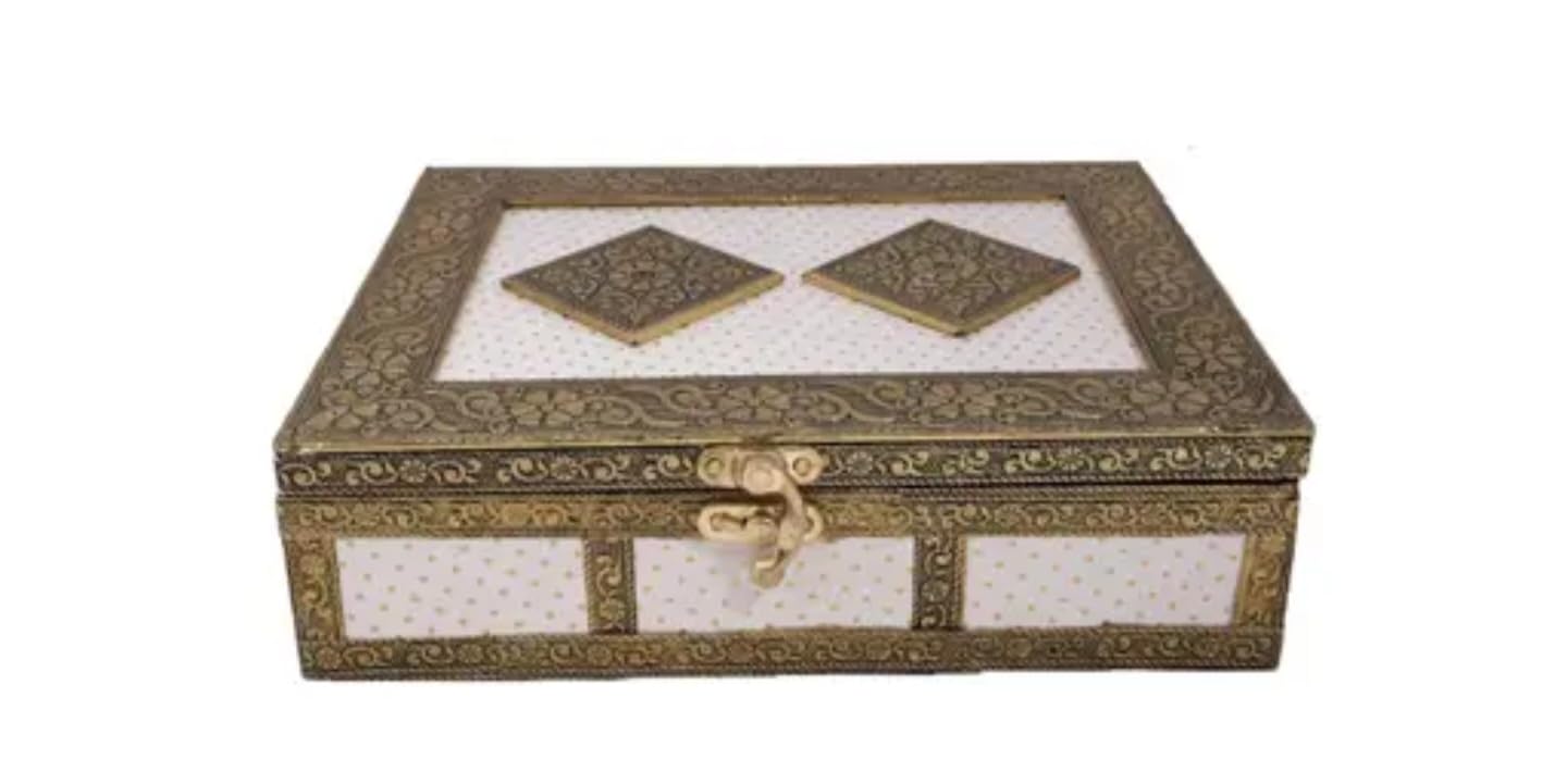 Decorative Storage Box, Antique Gold Metal Frame with White Fabric Interior, Vintage Floral Pattern, Jewelry Organizer with Latch