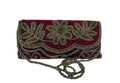 Beaded Evening Clutch Purse, Burgundy Velvet with Silver Floral Design, Detachable Chain Strap