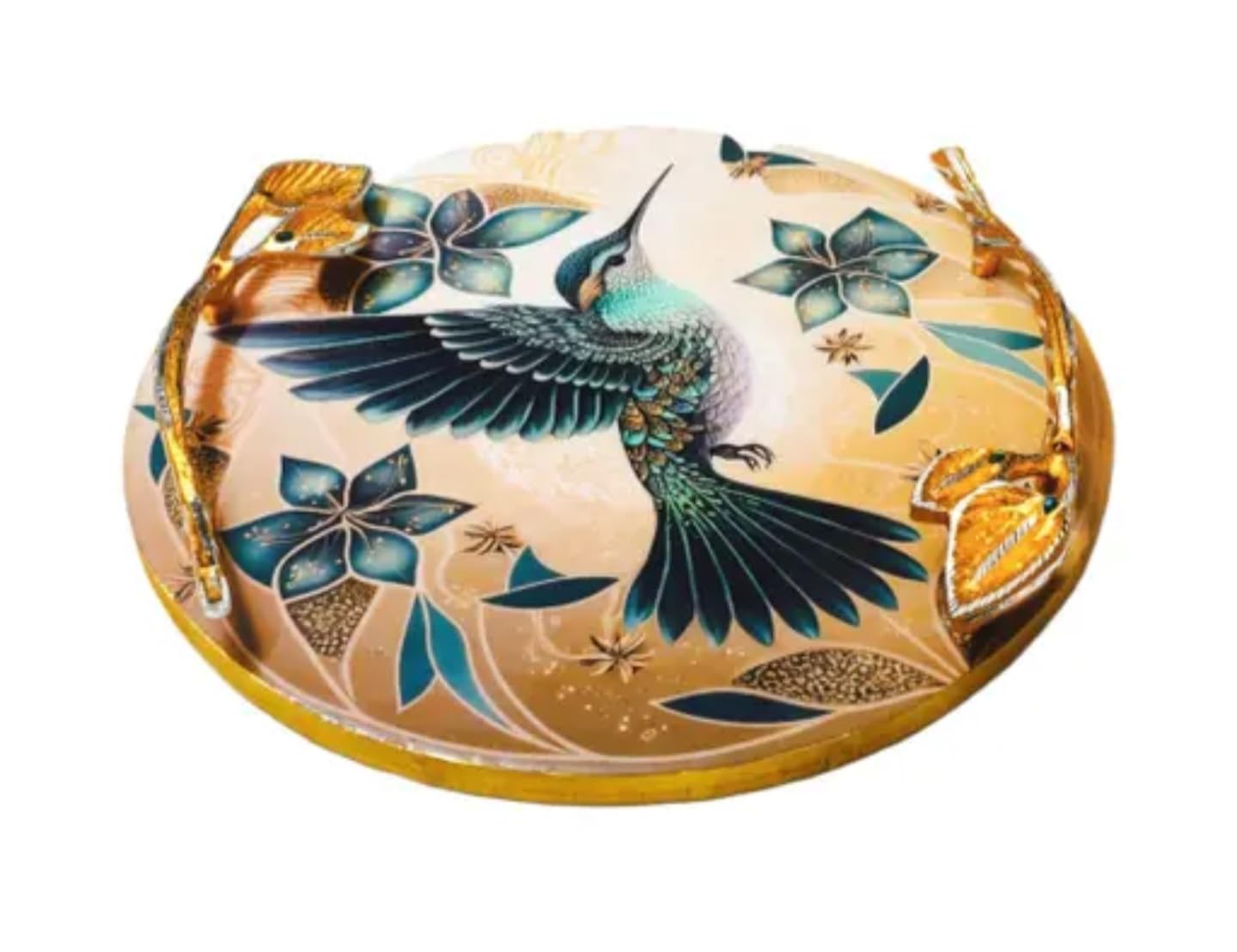 Decorative Ceramic Serving Plate with Peacock Design, Round, Teal and Gold, Floral Pattern, Oriental Style, Tea Service