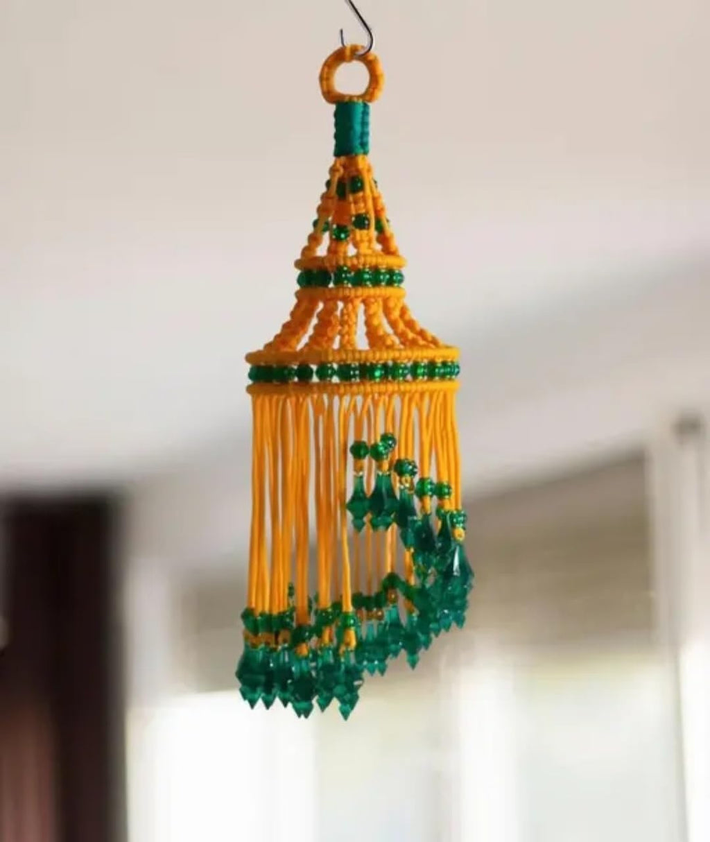 Handcrafted Macrame Hanging Decoration, Yellow and Green, Crystal Beads, Boho Style