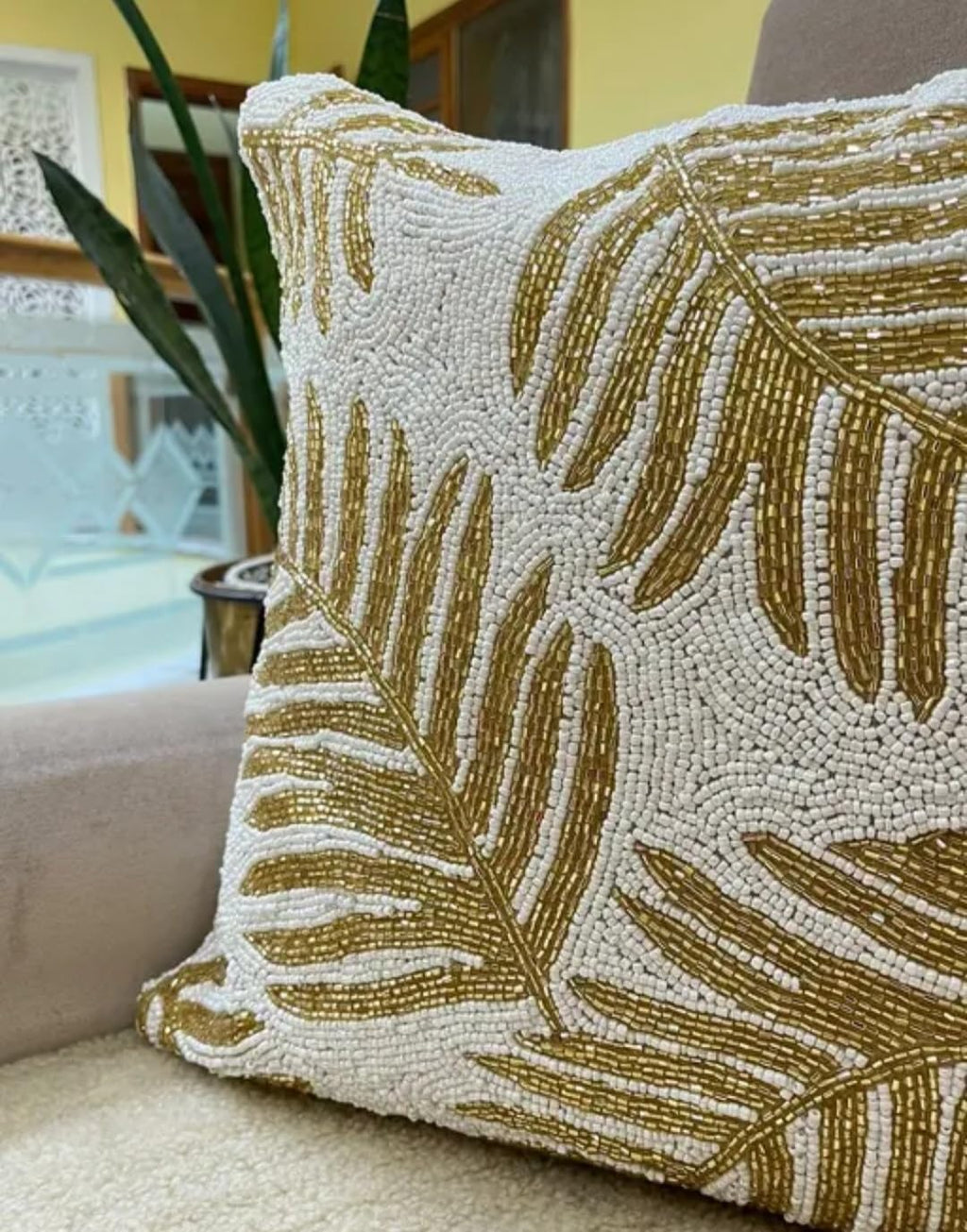 Beaded Throw Pillow Cover, White and Gold, Tropical Palm Leaf Design, Decorative Cushion Cover