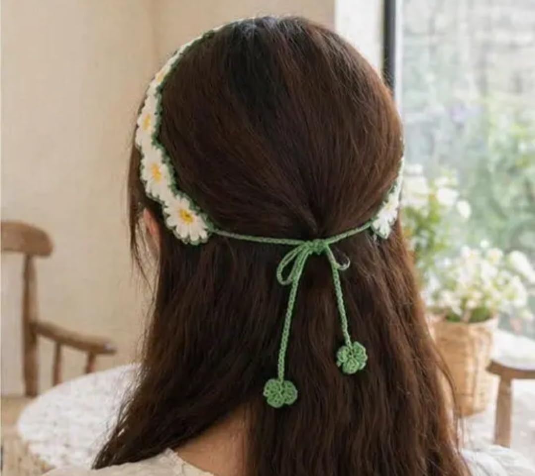 Crochet Daisy Headband, White and Green Floral Hair Accessory, Boho Style with Tassel Tie