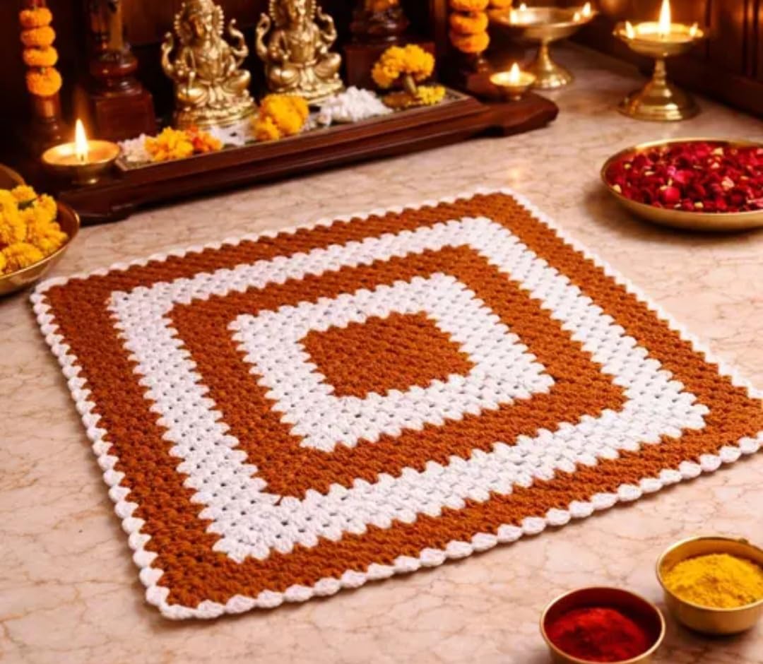 Handmade Crochet Pooja Thalposh, Floral Pattern with Tassels, Square Thalposh