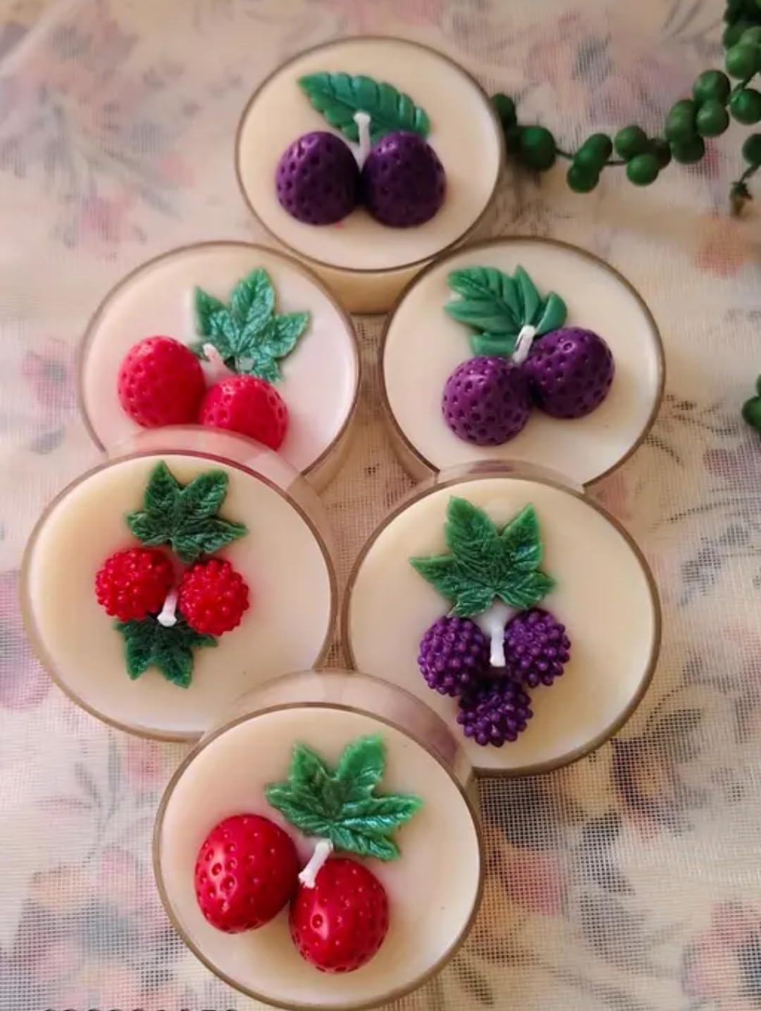 Fruit Themed Decorative Candles, Strawberry and Grape Design, Set of 5, Wax, Round