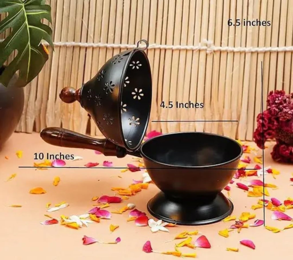 Iron Incense Burner with Wooden Handle, Black, Floral Cutwork Design, Dhoop Holder on Pedestal Stand
