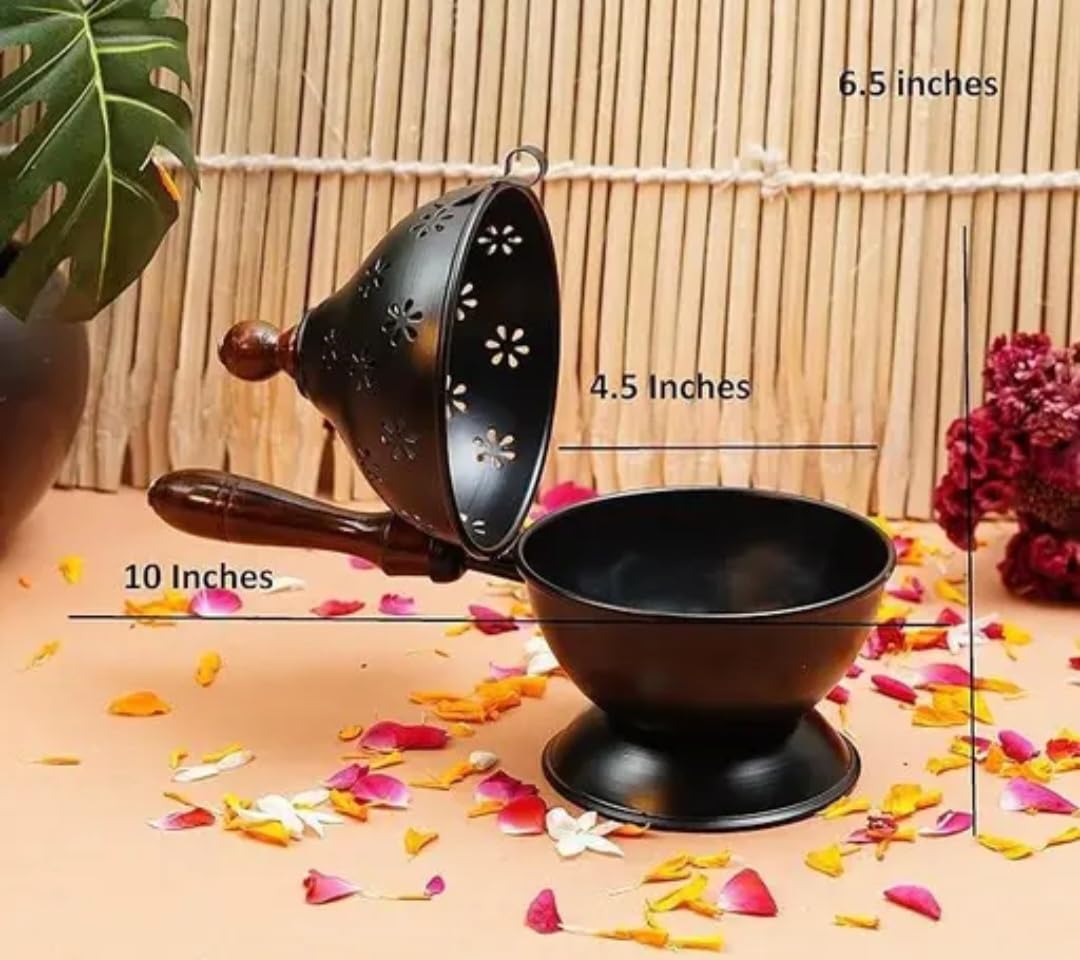 Iron Incense Burner with Wooden Handle, Black, Floral Cutwork Design, Dhoop Holder on Pedestal Stand