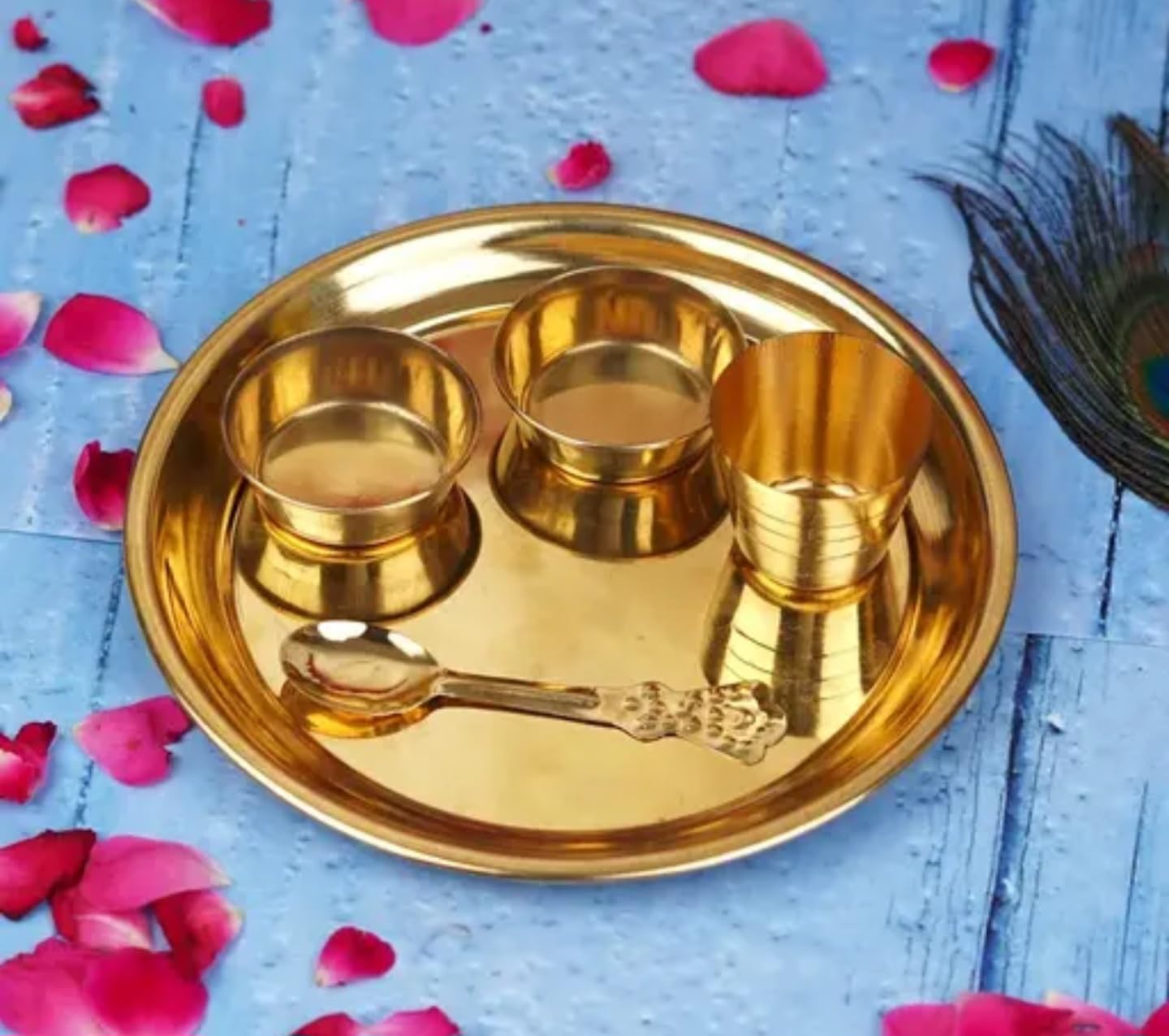 Traditional Brass Pooja Thali Set, Gold Plated, Round Decorative Plate with Bowls, Spoon, Religious Ceremonial Set