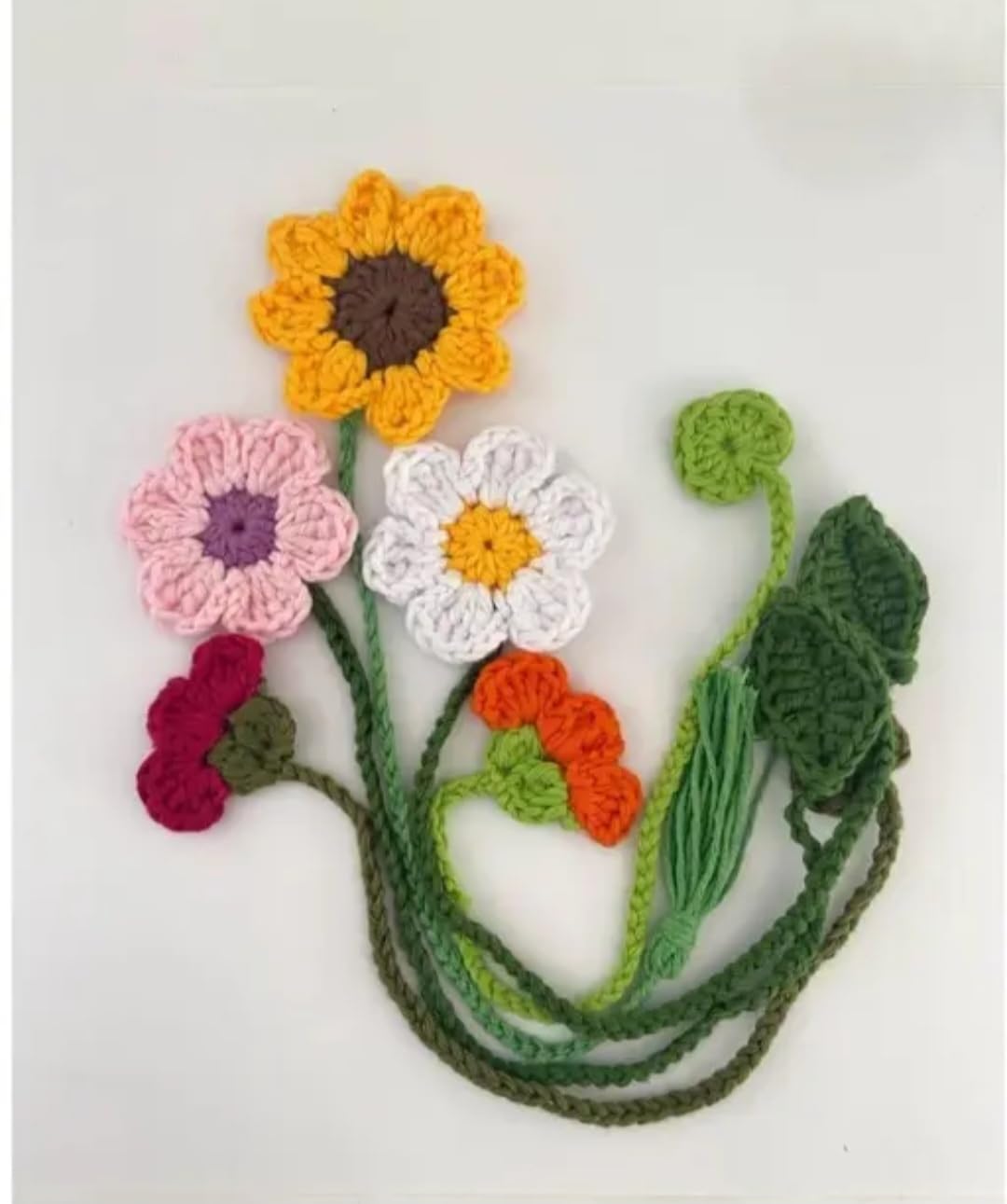 Handmade Crochet Flower Bookmark, Sunflower Daisy Floral Design, Multicolor, Knitted Yarn, Set of 4 (Random)