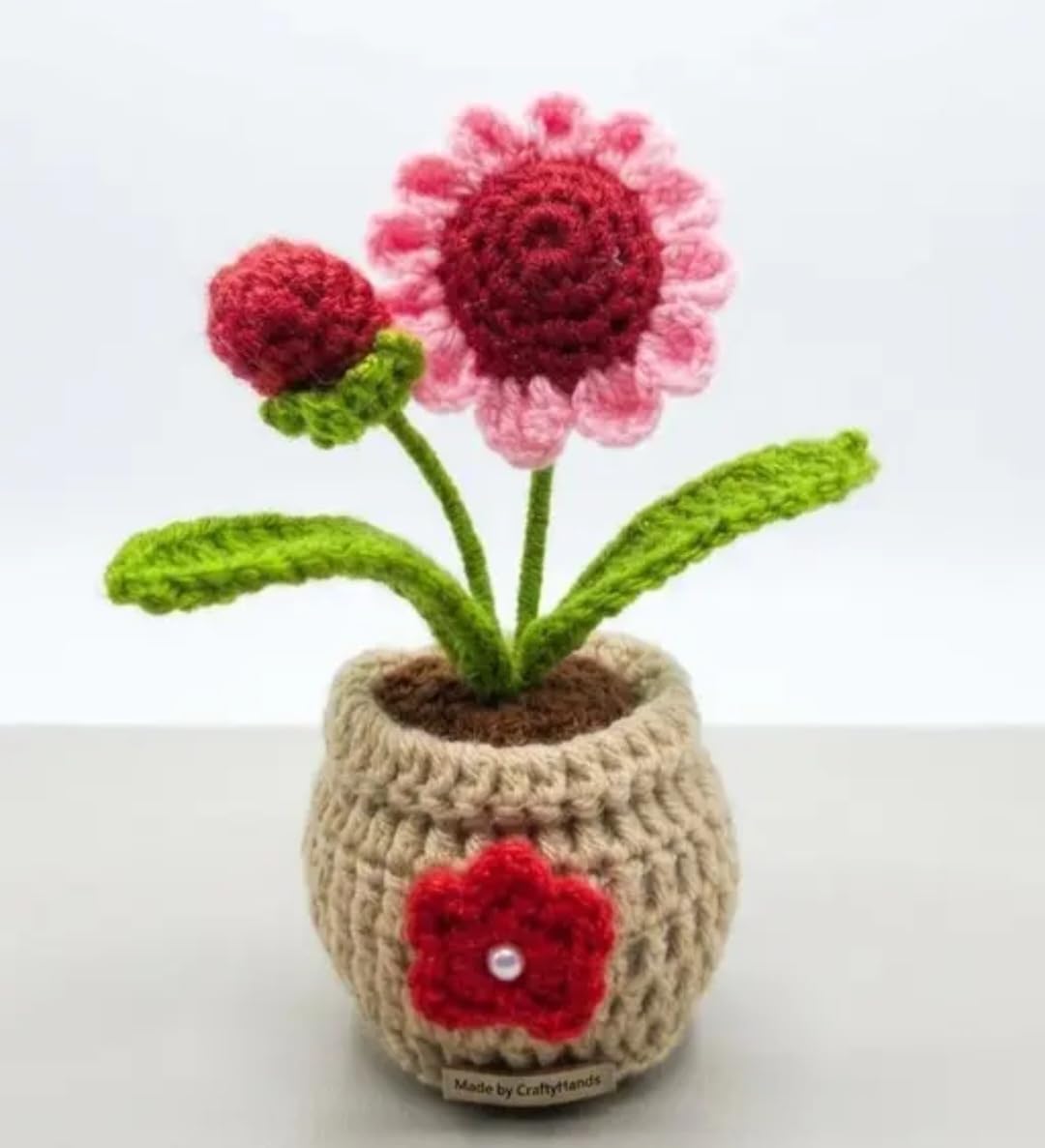 CraftyHands Crochet Flower Pot, Handmade Knitted Floral Decor, Pink and Red, Home Decoration