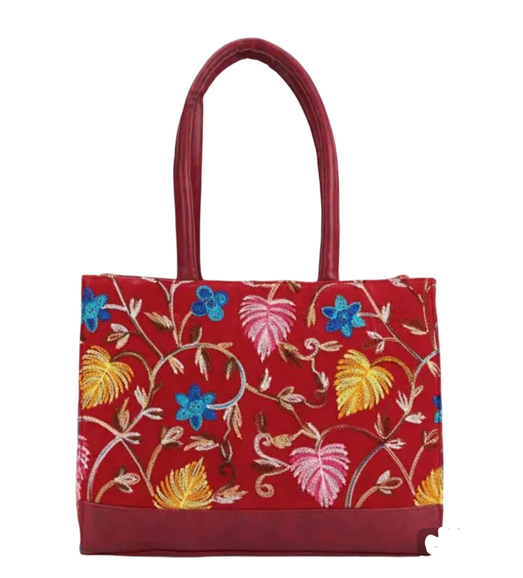 Kashmiri traditional Embroidered Handbag, Floral Embroidered Tote Bag, Red with Blue Flowers, Double Handle, Decorative Gold and Pink Leaf Pattern