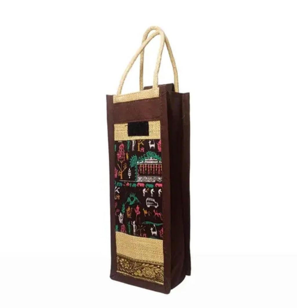 Jute Wine Bottle Bag with Warli Print, Rope Handle, Wooden Button Closure, Gift Tote