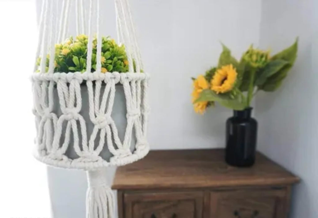 Macrame Plant Hangers, Set of 2, White Cotton Rope, Decorative Hanging Planters with Tassels