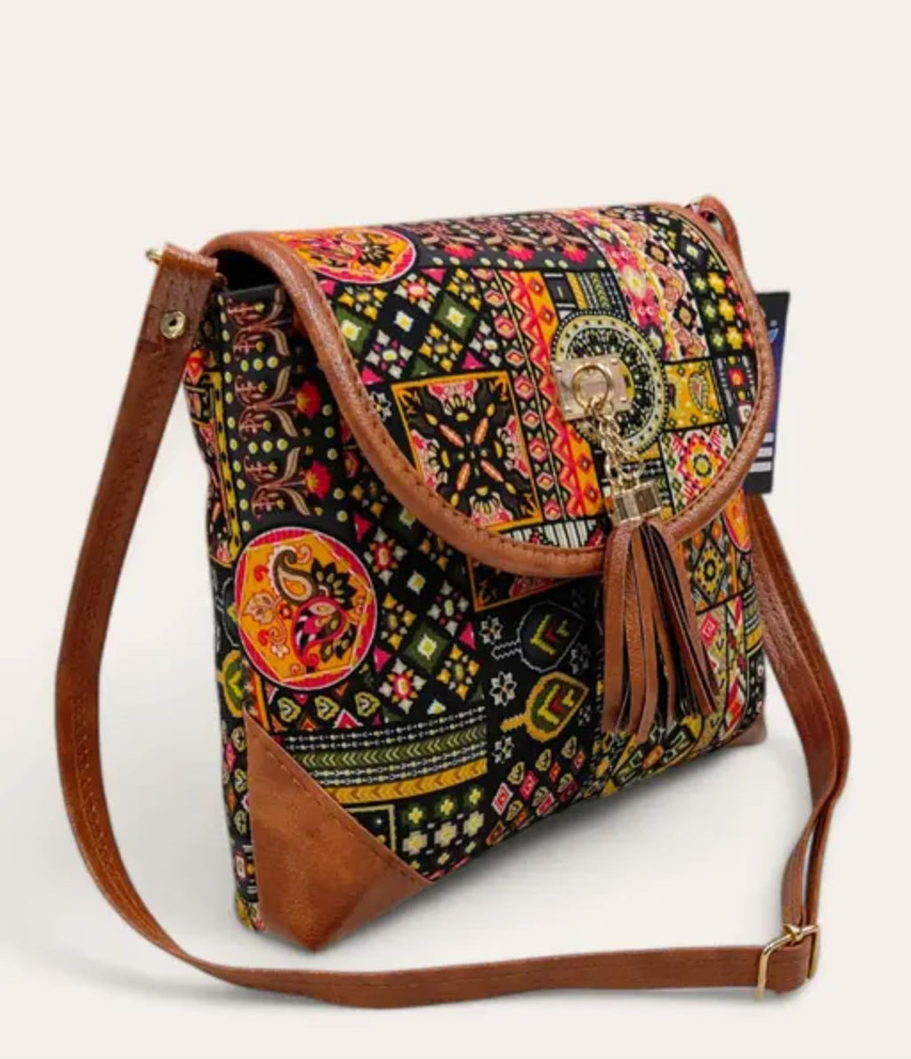 Bohemian Crossbody Handbag, Ethnic Print with Brown Leather Trim, Tassel Detail