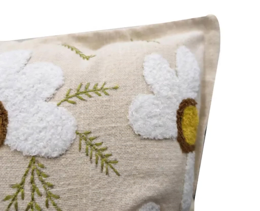 Daisy Floral Embroidered Throw Pillow Cover, Beige, Tufted White Flowers with Yellow Centers, Boho Floral Decor