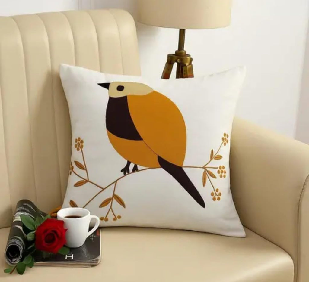 Decorative Bird Embroidered Cushion Cover, White, Set of 2, Nature Theme, Sofa Throw Pillow Covers