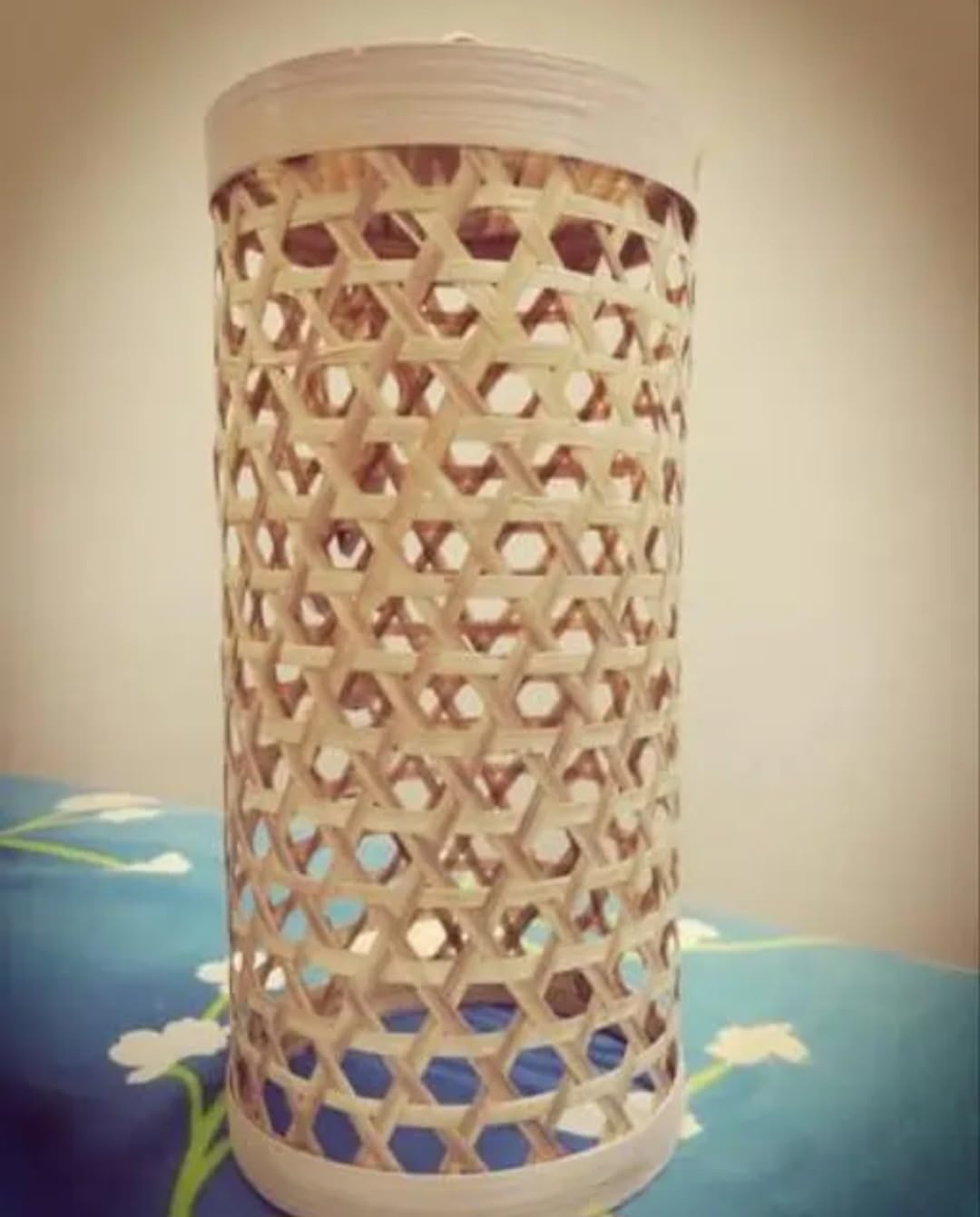 Hanging Pendant Light, Bamboo Woven Lattice Design, Cylindrical Shape, Chain Suspension, Warm Ambient Lighting