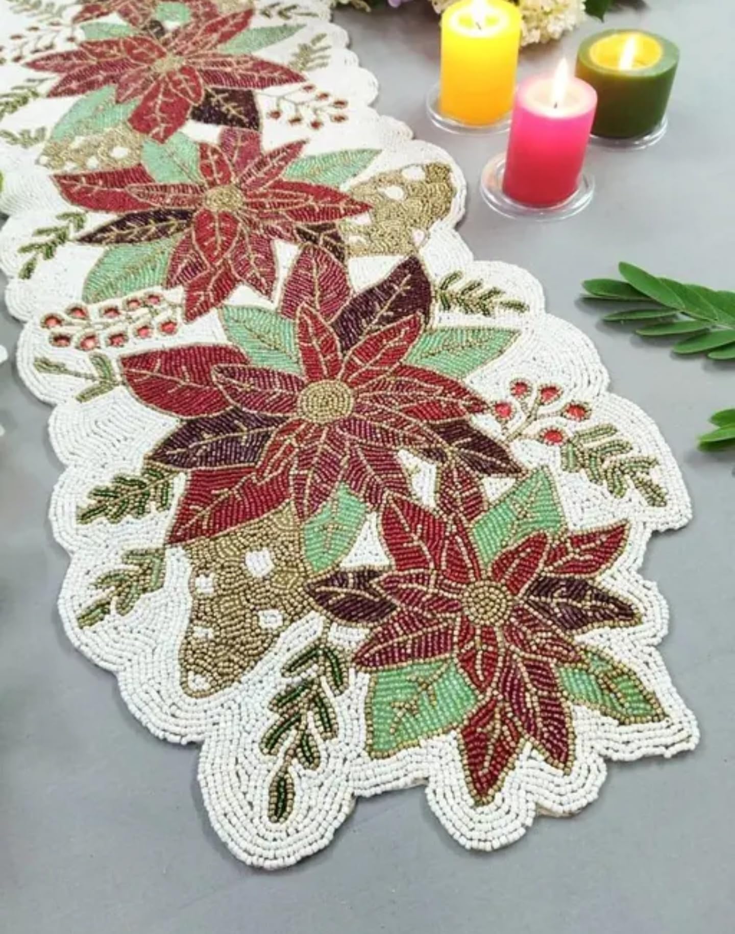 Beaded Table Runner, Poinsettia Design, Red Green Gold Brown, Scalloped Edge, Holiday Christmas Decor