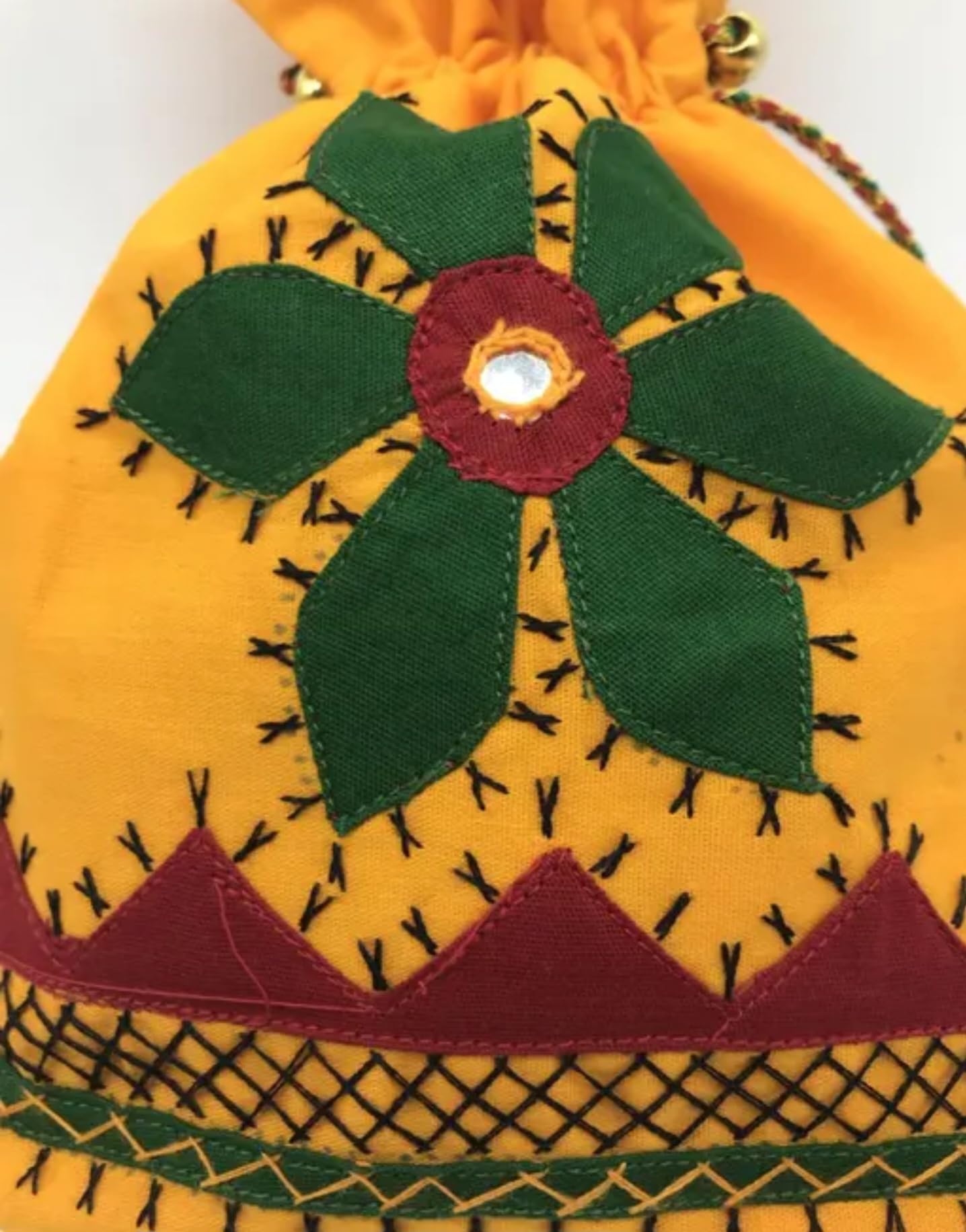 Handcrafted Yellow Drawstring Pouch with Traditional Embroidery, Green and Red Decorative Pattern, Small Bells, eco-friendly bag