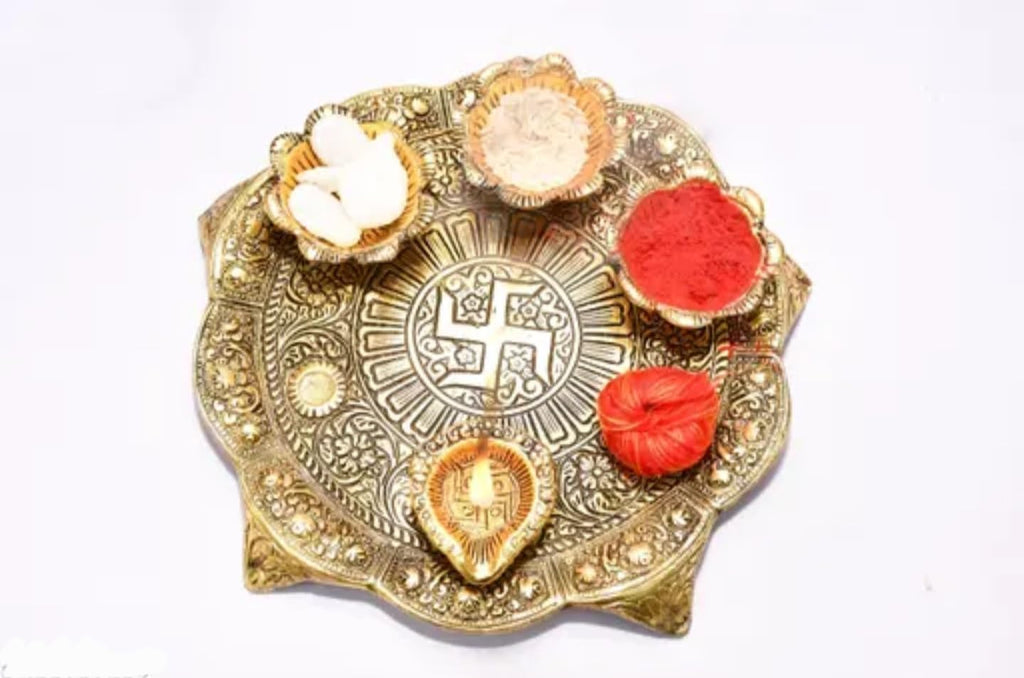 Decorative Gold Metal Pooja Thali Plate with Floral Design, Traditional Indian Prayer Platter for Religious Ceremonies