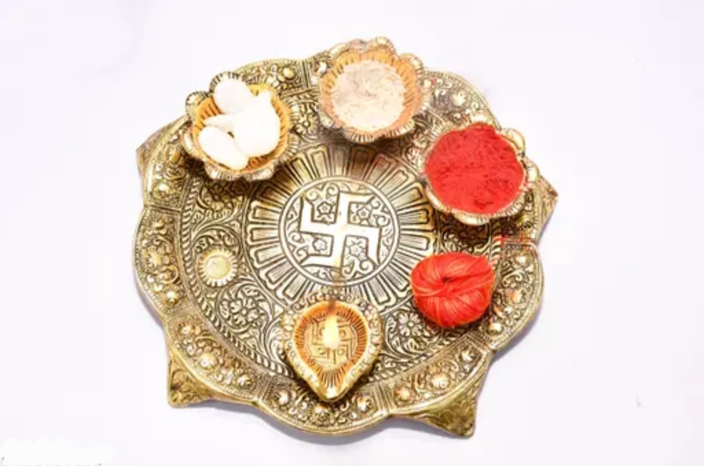 Decorative Gold Metal Pooja Thali Plate with Floral Design, Traditional Indian Prayer Platter for Religious Ceremonies
