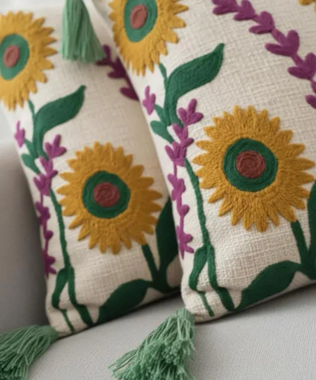 Handcrafted Sunflower Embroidered Throw Pillow Cover with Green Tassels, Floral Boho Style, Decorative Cushion Cover