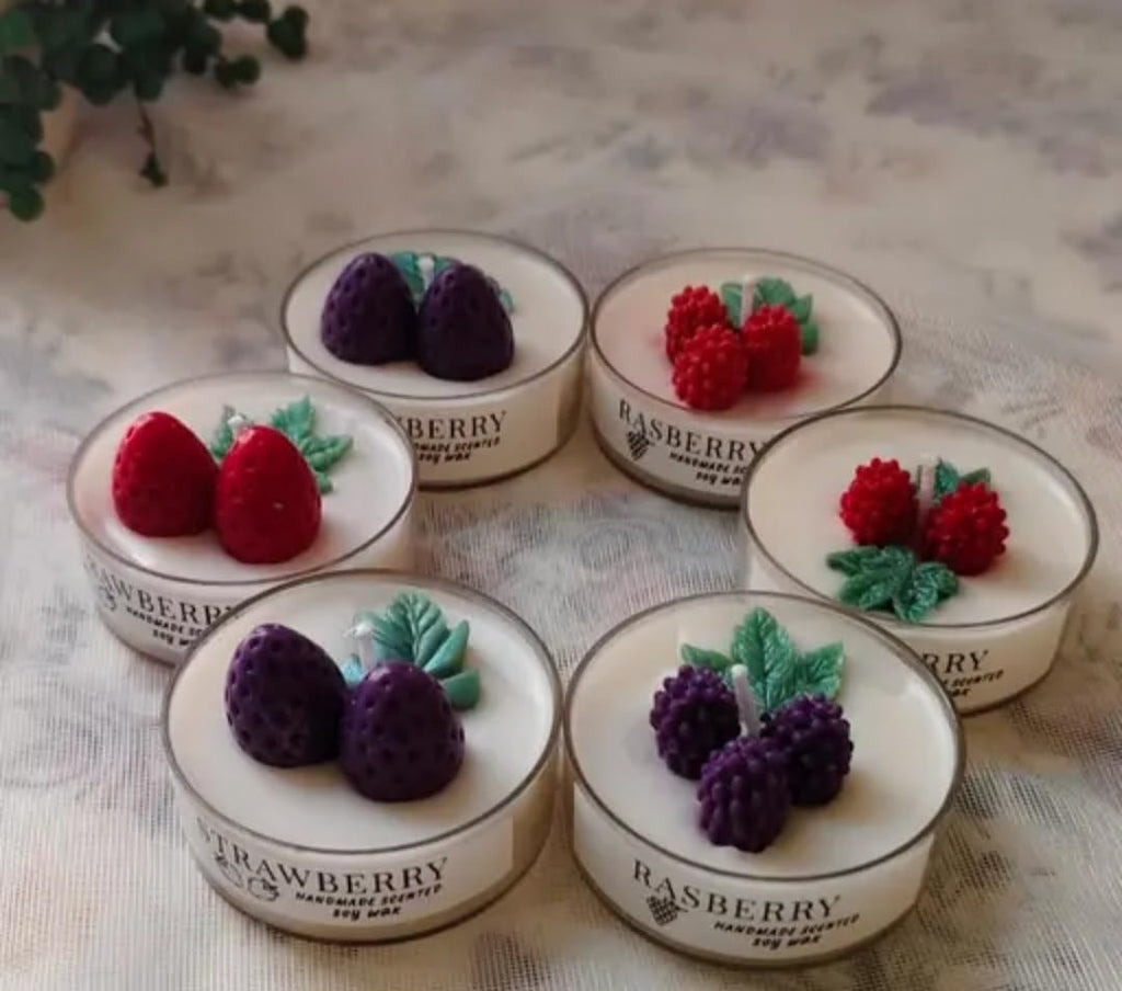 Fruit Themed Decorative Candles, Strawberry and Grape Design, Set of 5, Wax, Round