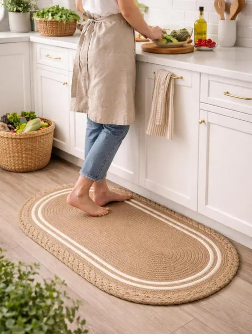 Oval Braided Doormat, Natural Tan with White Stripe, Indoor Outdoor Entryway Rug