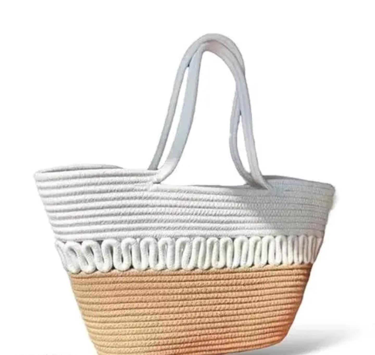Two-Tone Woven Beach Tote Bag, Natural Jute and White Cotton, Decorative Pattern