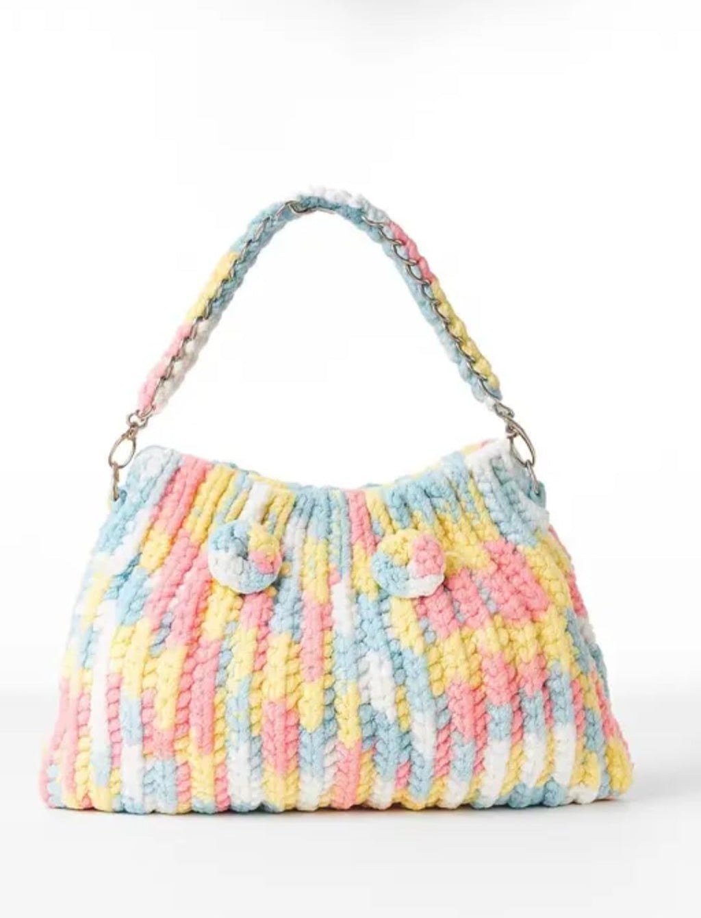 Pastel Multicolor Knit Tote Bag, Chunky Yarn Hobo Handbag with Chain Strap, Striped Crochet Style