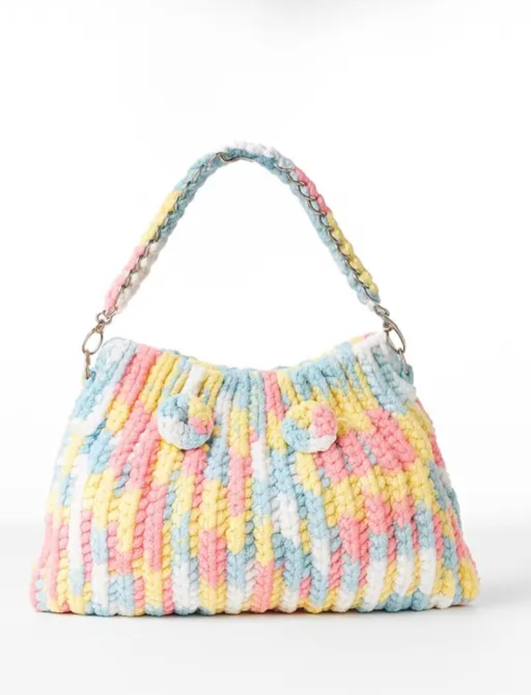 Pastel Multicolor Knit Tote Bag, Chunky Yarn Hobo Handbag with Chain Strap, Striped Crochet Style