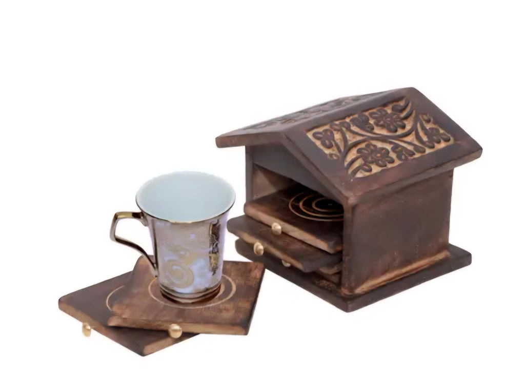 Wooden Coaster Set with House-Shaped Holder, Brown, Carved Floral Design, 6 Piece