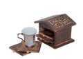 Wooden Coaster Set with House-Shaped Holder, Brown, Carved Floral Design, 6 Piece
