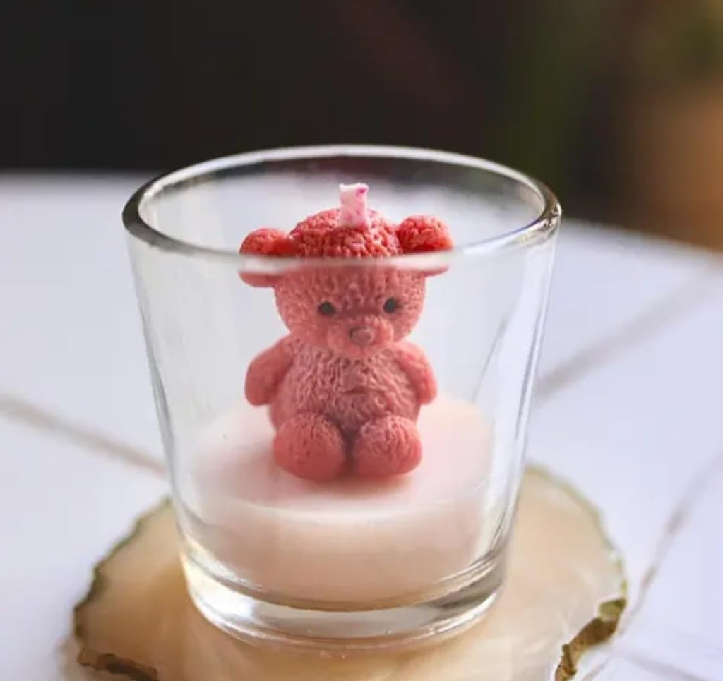 Teddy Bear Candle, Pink, Decorative Wax Figure, Cute Sitting Bear Design