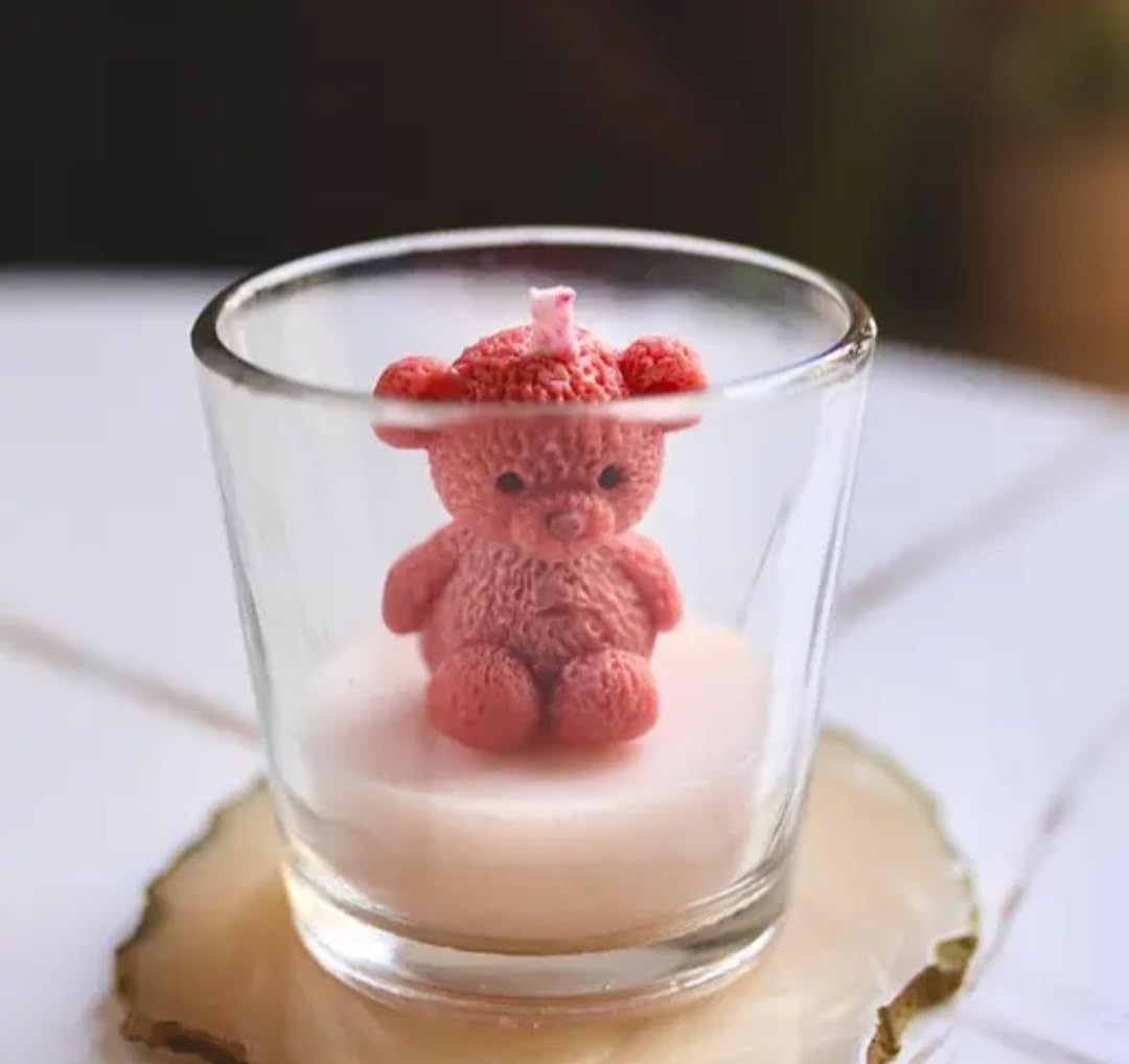 Teddy Bear Candle, Pink, Decorative Wax Figure, Cute Sitting Bear Design