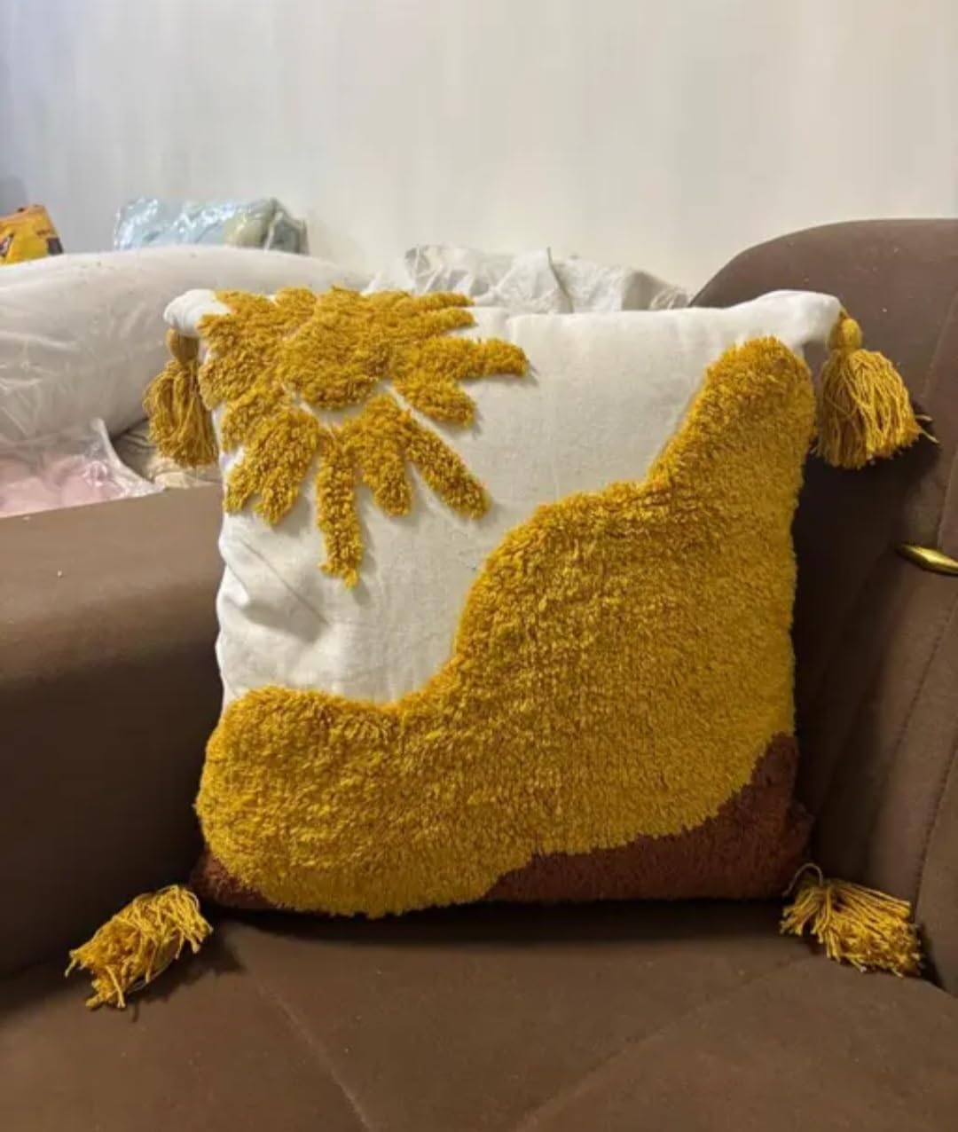 Boho Tufted Throw Pillow Cover, Mustard Yellow and White, Sun and Mountain Design with Tassels