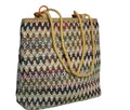Vintage Pattern Knitted Tote Bag, Geometric Design, Beige Handles, Multi-Colour