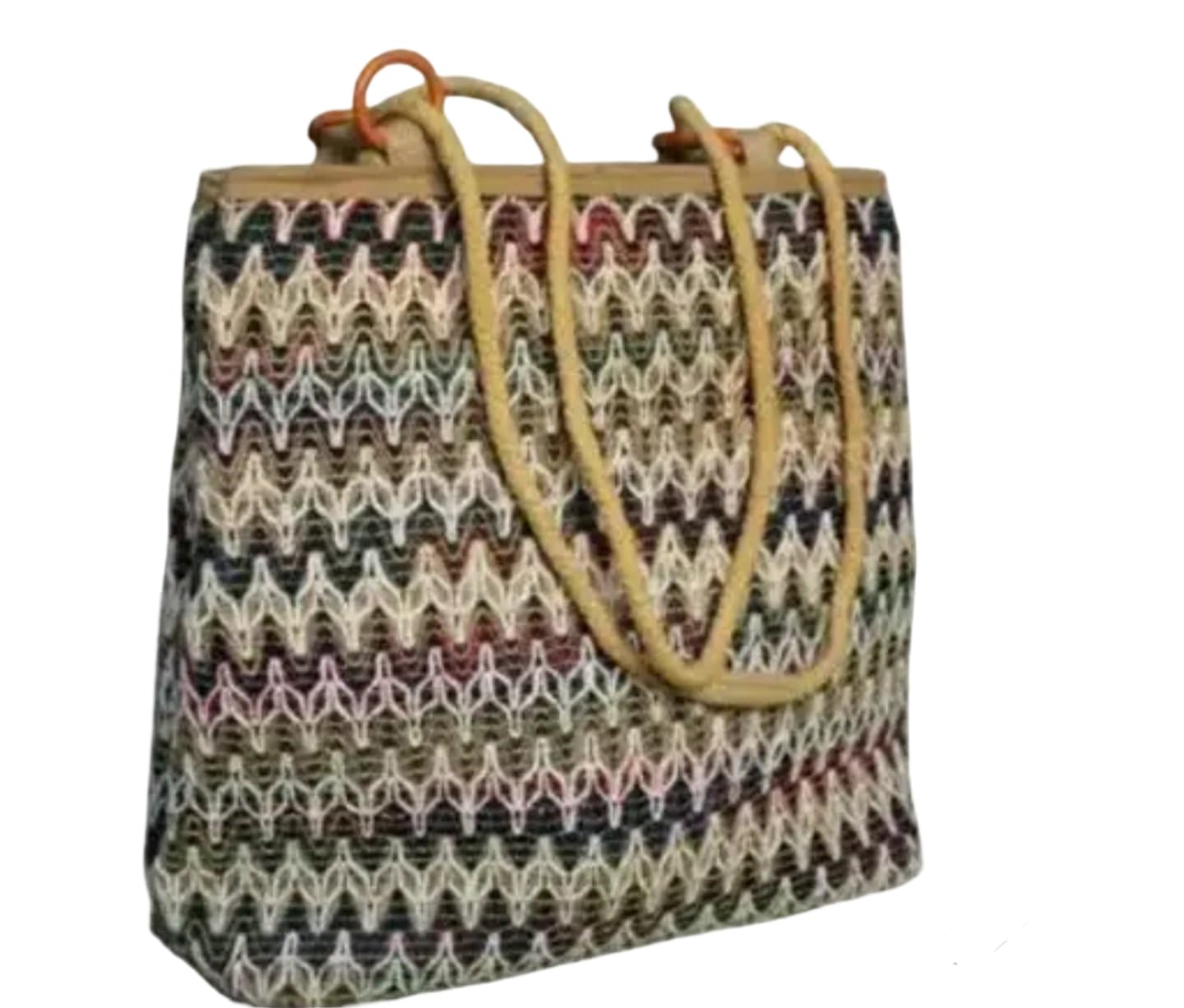 Vintage Pattern Knitted Tote Bag, Geometric Design, Beige Handles, Multi-Colour